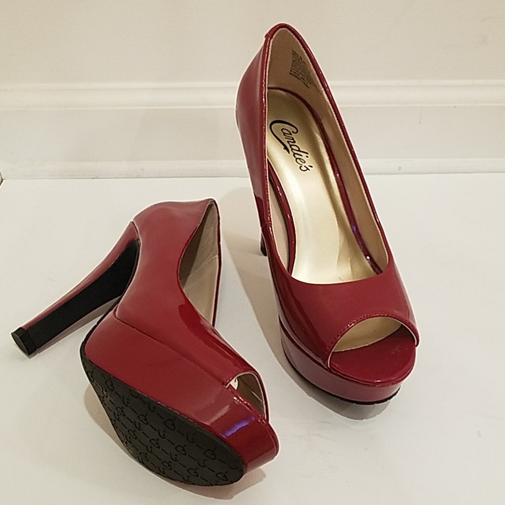 Patent Leather Red Peep Toe Platform Pumps
